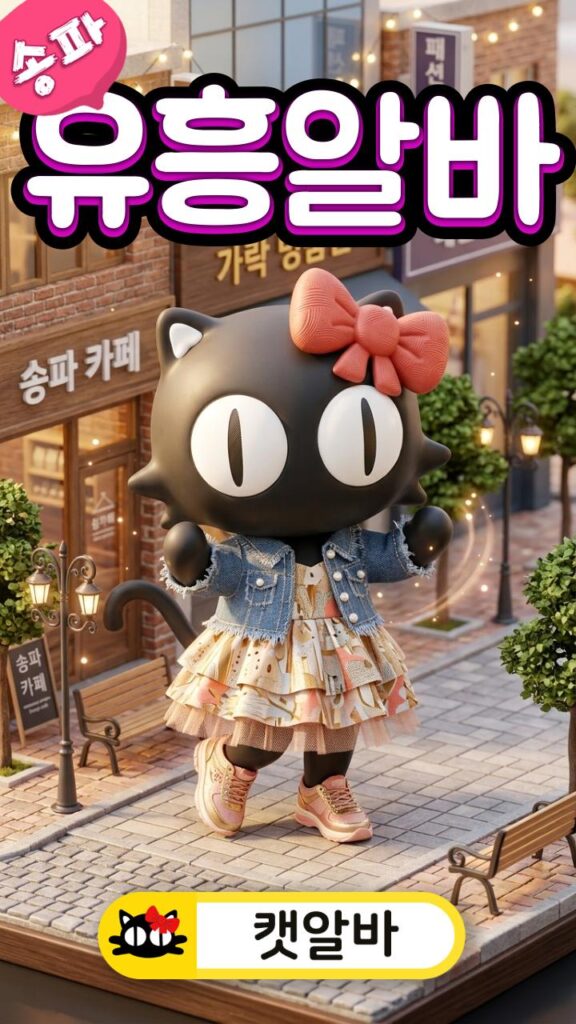 송파 가락동 미니어처 배경 무대에서 파격적이고 여성스러운 캐주얼을 입고 춤추는 캣알바 캐릭터